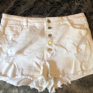 Distressed White Button Up Denim Shorts